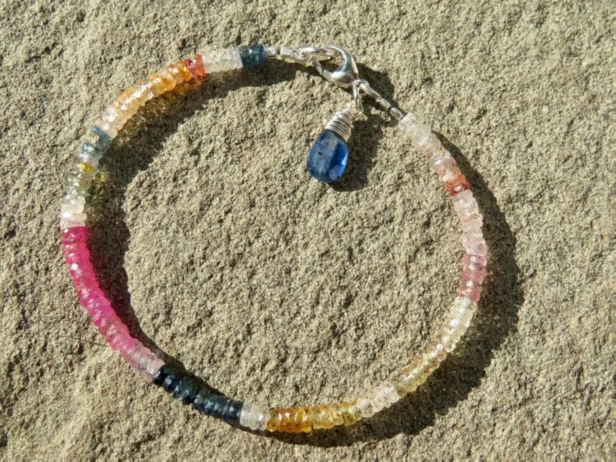 Unisex Multi Sapphire Rondelle Beaded Bracelet, Adjustable Link