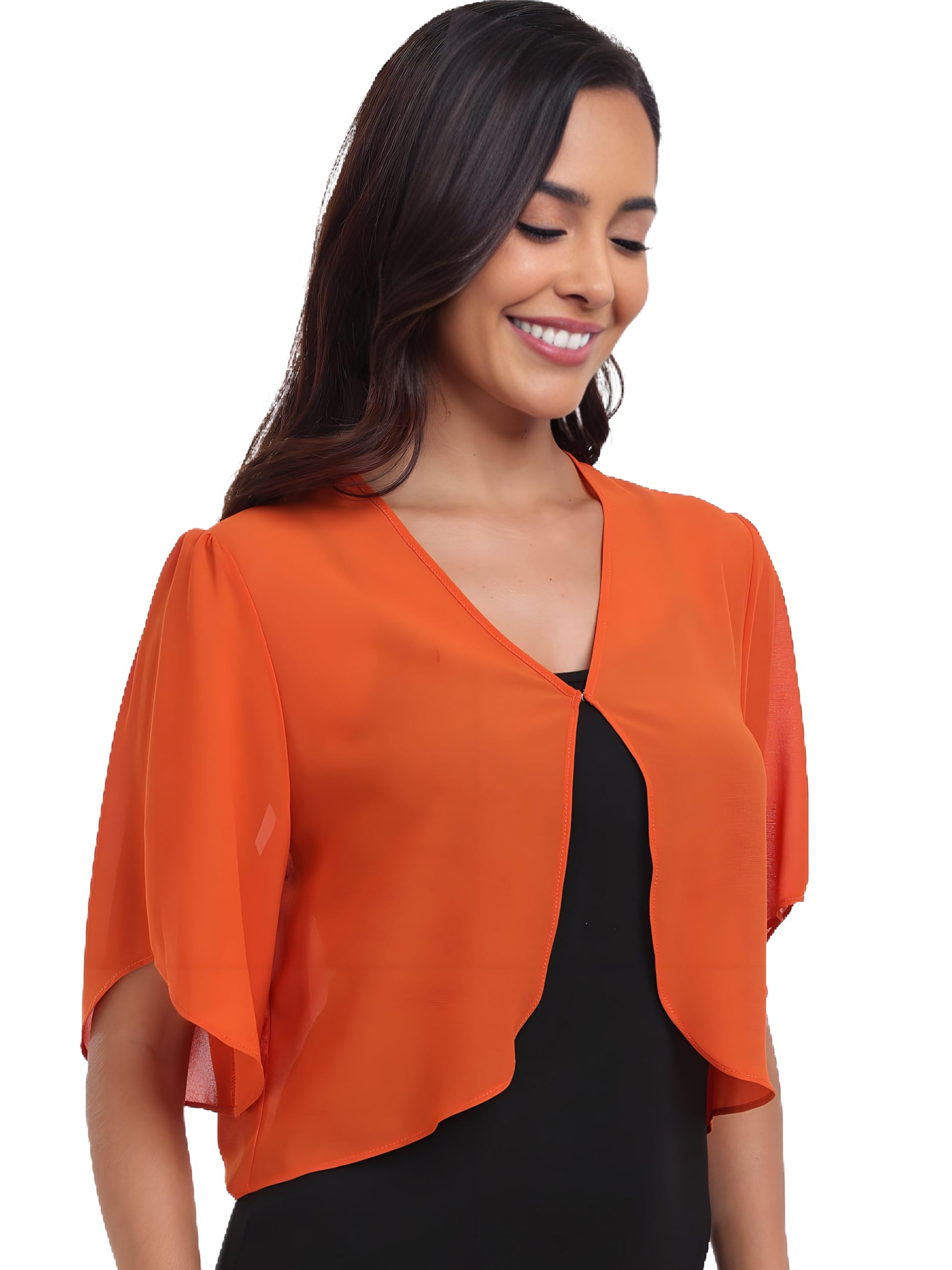 Survodja Women's Orange Chiffon Cropped Cardigans Lightweight Sweaters Short Sleeve Bolero Shrugs For Dress, Large