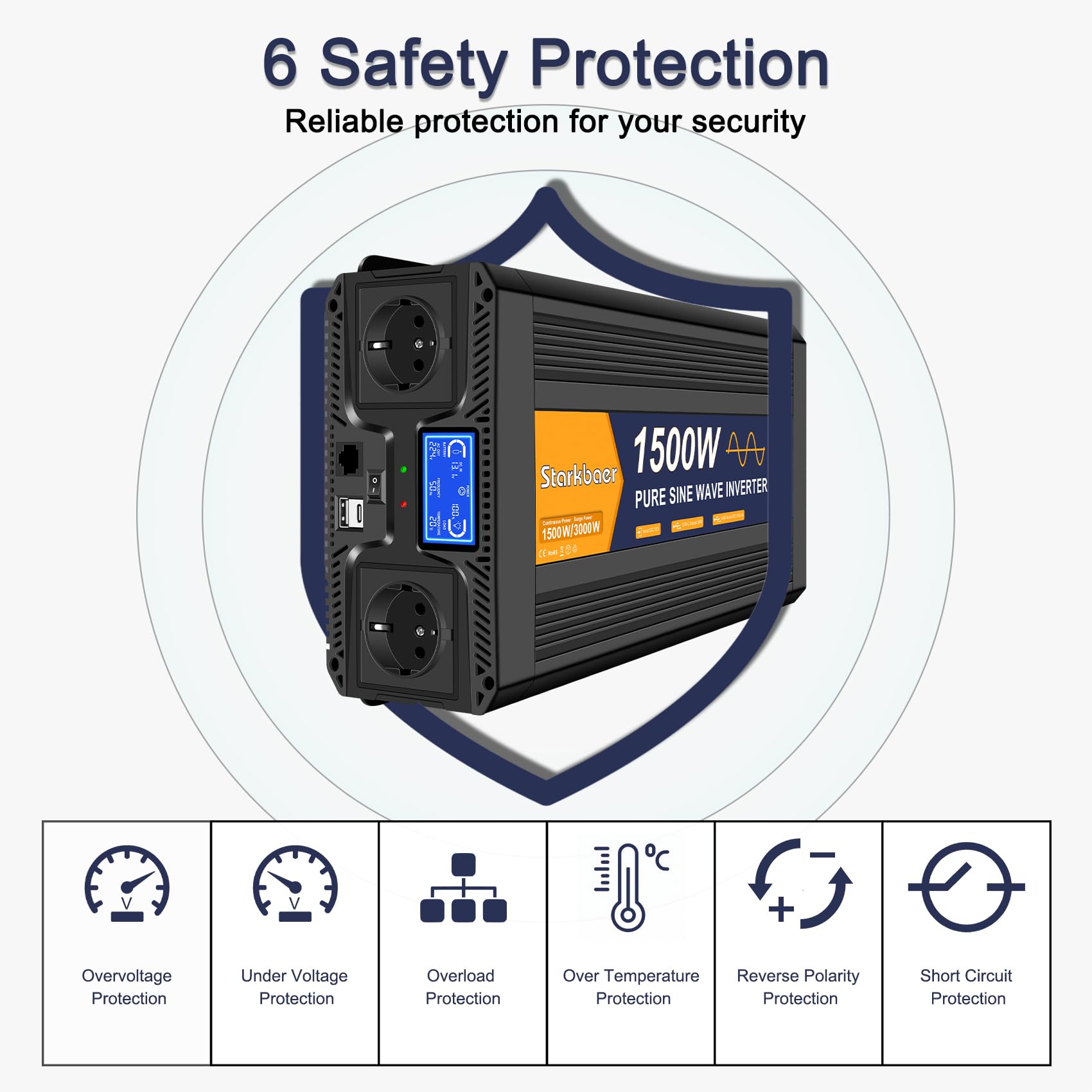 1500w convertisseur 12V 220V 230V Pur Sinus onduleur transformateur 3000W Puissance crête, 2 Prises EU AC, 2.4A USB, 5M télécommande et écran LCD pour Voitures, Bateaux, camions