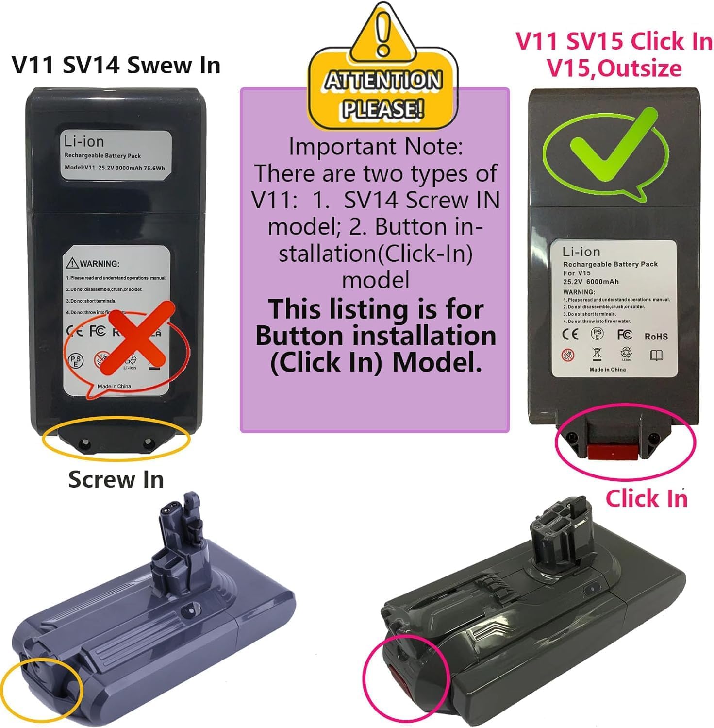 V11 V15 Click in Battery Replacement for V11 Outsize V11 Animal V11 Total Clean V11 Absolute + Extra + Pro V11 Torque Drive V15 Detect SV16 SV27 970938-01 (for Click-in Battery Only)