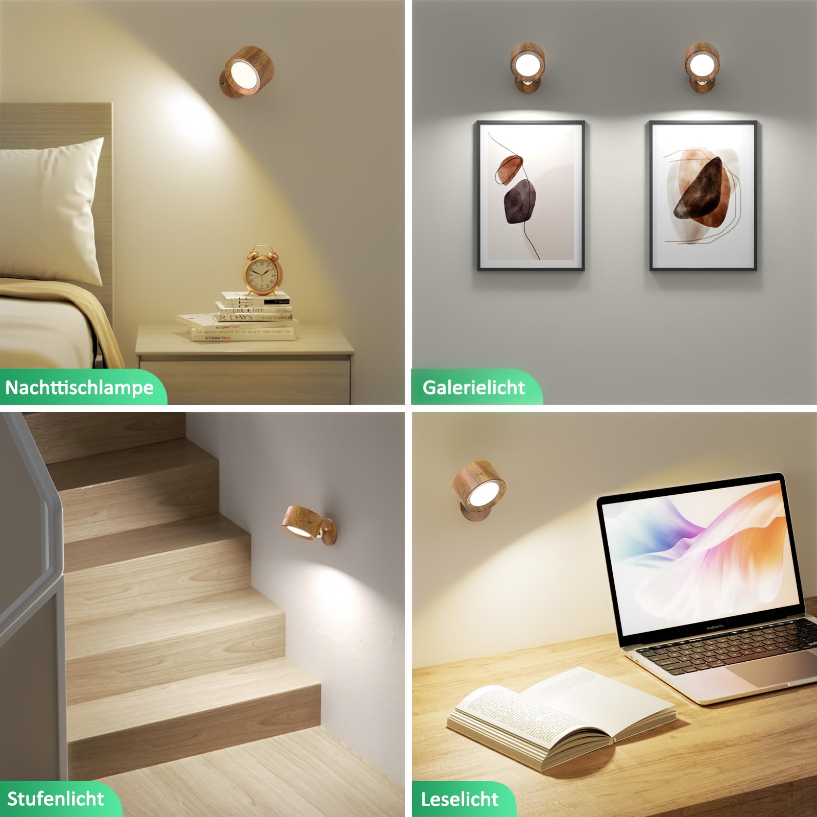 LED Wandleuchte Kabellos, 2 Stück Akku Wandlampe ohne Bohren Aufladbare Lampen, 3 Farbmodi Dimmbar Wandlicht Nachttischlampe mit Fernbedienung, 360° Indirekte Strahler für Kinderzimmer Schlafzimmer