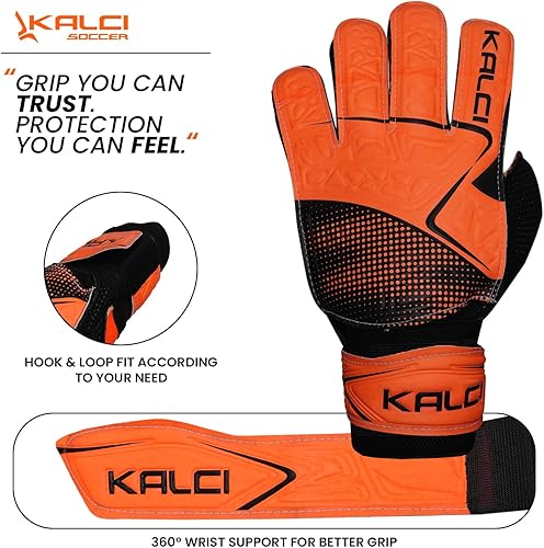 Miniatura 4 de Kalci Guantes de portero de fútbol para niños y jóvenes, guantes de portero para jugadores de campo para niños y niñas, en relieve, antideslizantes,