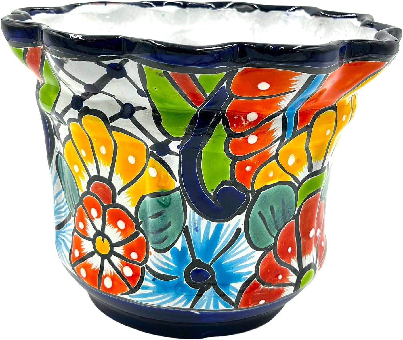 Talavera Flower Pot, Hand-Painted Mexican Scalloped Rim Ceramic Planter with Drainage Hole, Indoor Outdoor Rustic Botanical Terracotta, 10 Inch