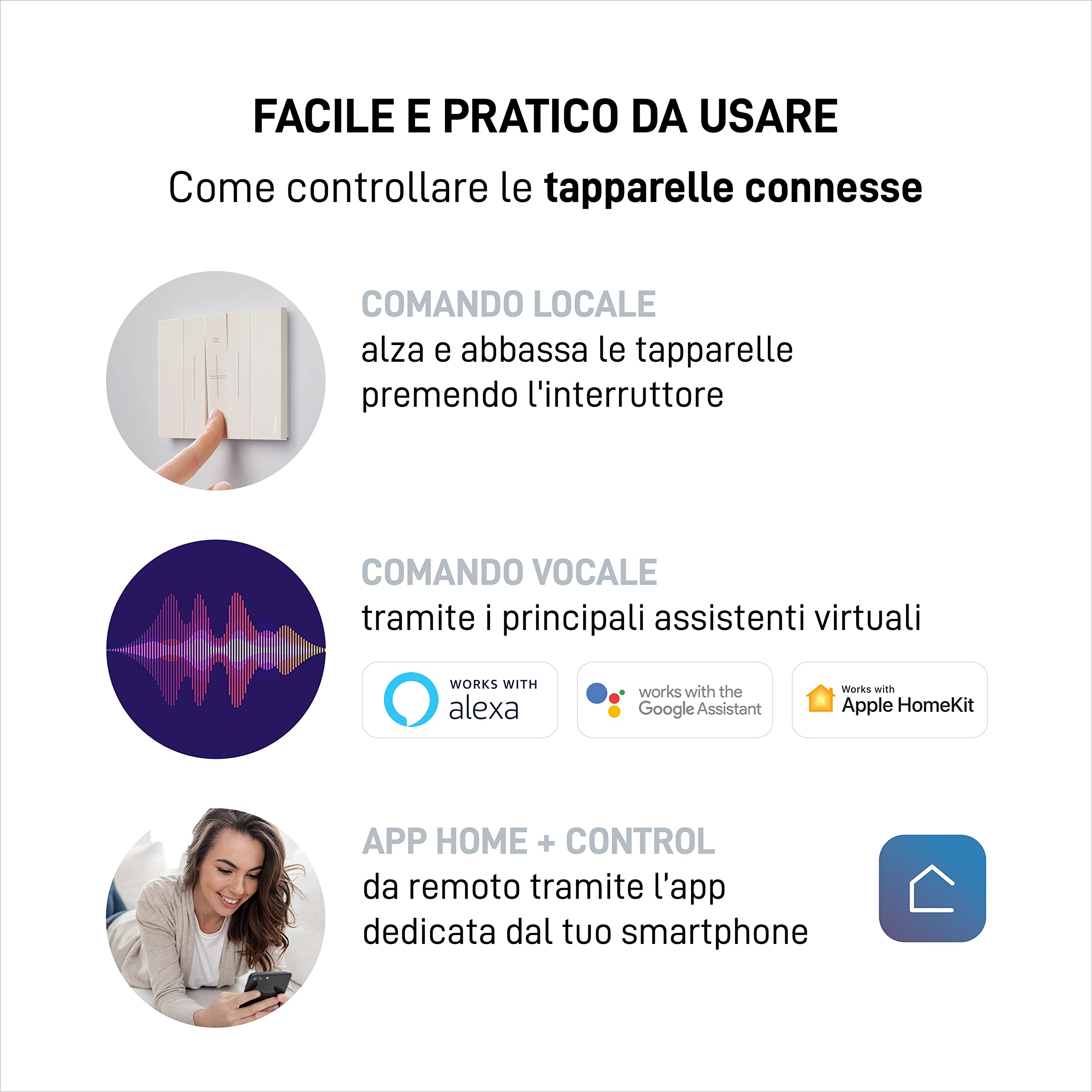 Bticino, Kit de persianas Connesse Living Now Smart SKW3602KIT, para subir y bajar persianas con App o asistentes de voz, 1 puerta de enlace enchufable blanca S36GWDC y 3 mandos de persiana conectados
