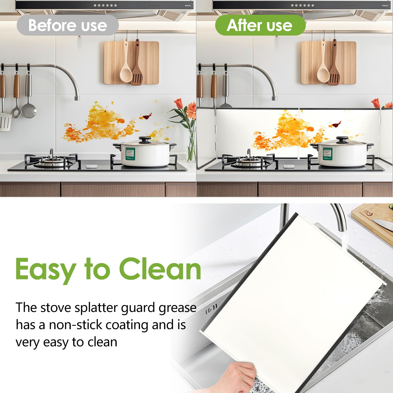 FoiiLiio Protector Salpicaduras Cocina, Protector Salpicaduras Pared con Revestimiento Antiadherente, 4 Lados Antisalpicaduras Cocina, Plata, Plegable, para Cocina, Asado, Fregadero (Beige)
