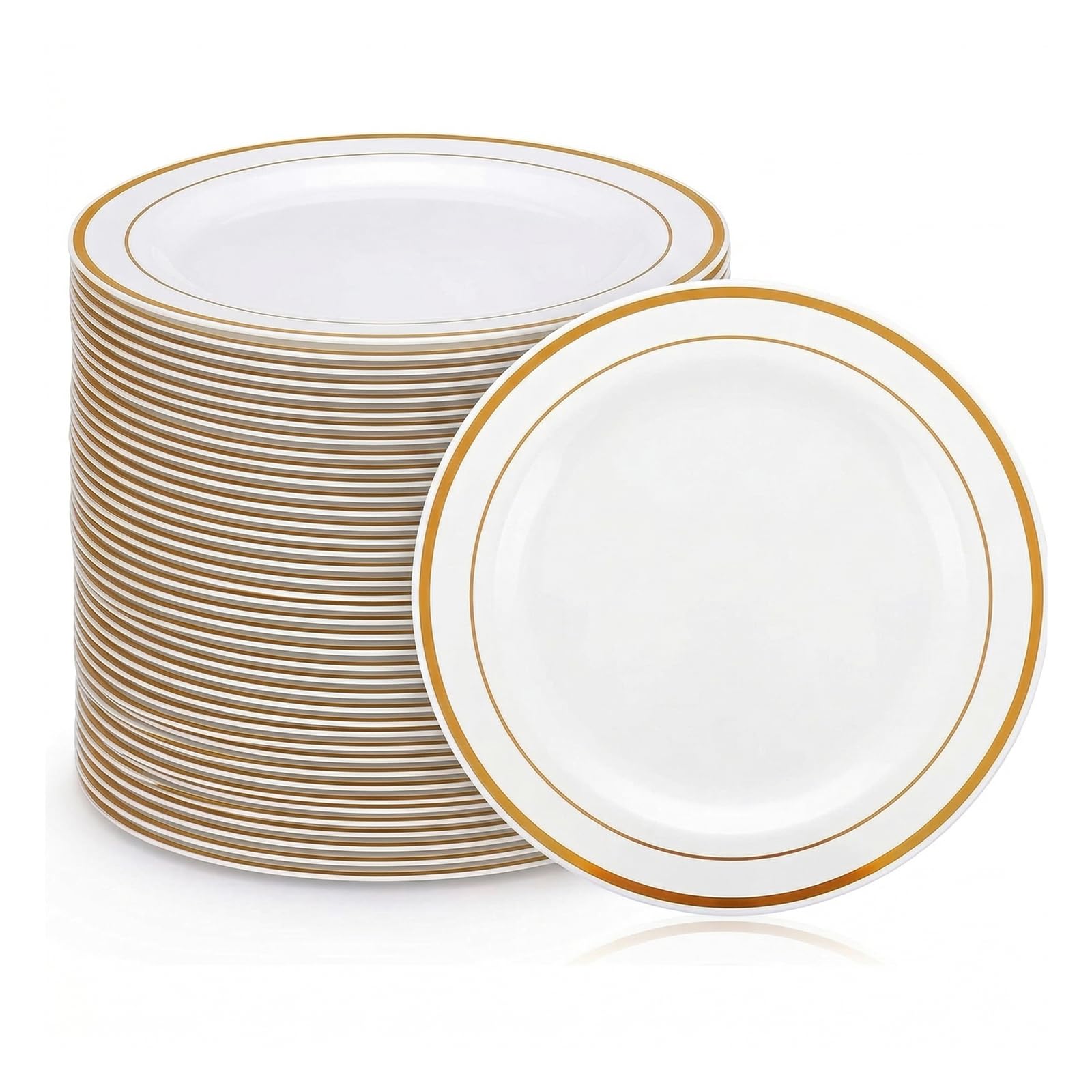 AKOLAFE 50 Pièces Assiette Plastique Reutilisable 20cm Assiette en Plastique Blanche Assiettes Dorées plastique Assiettes plastiques Rigide pour Mariages, Fêtes, Anniversaires, Noël et Baptêmes