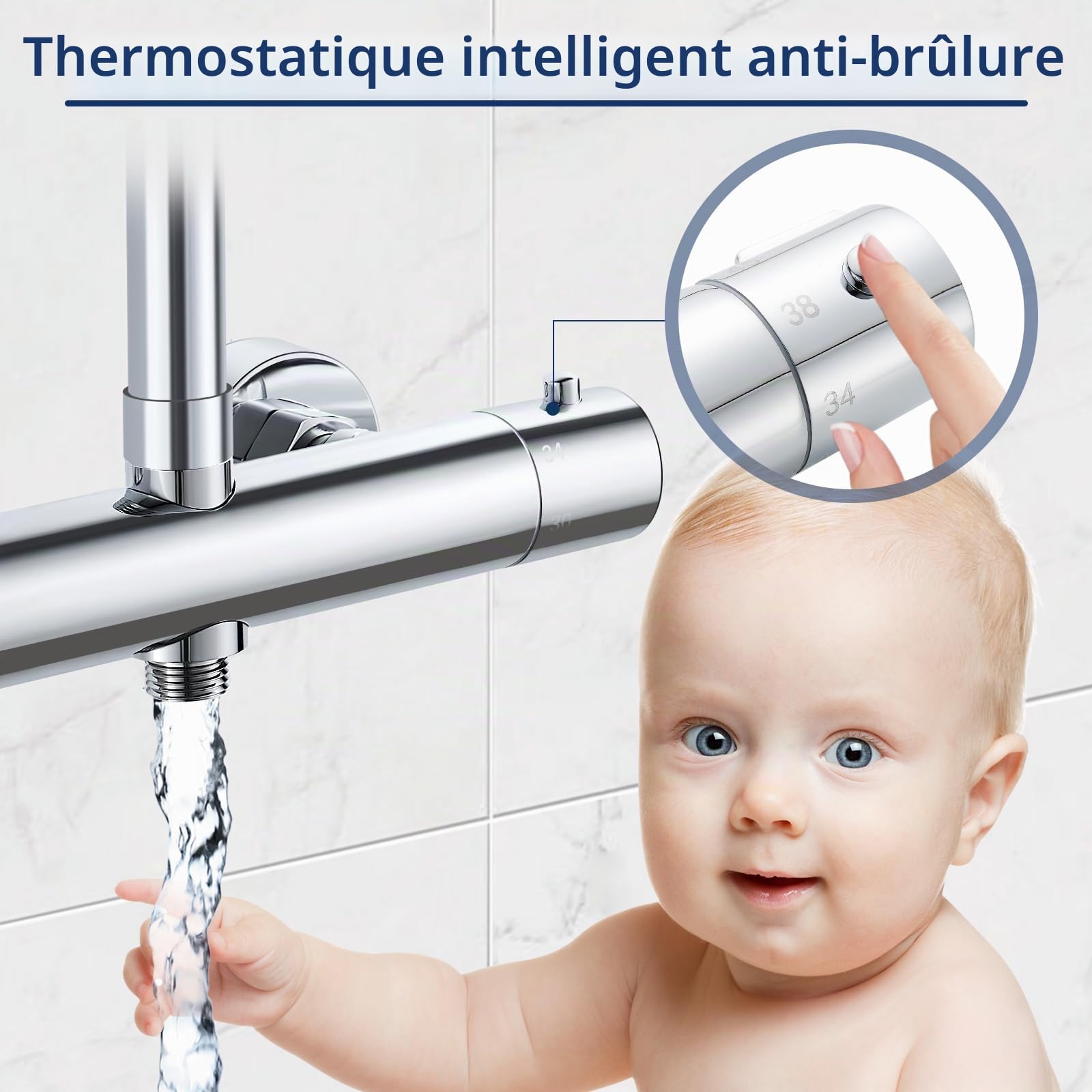 Mitigeur Douche Thermostatique 2 Sorties Haut 3/4" (26.4mm)+Bas 1/2"(21mm)