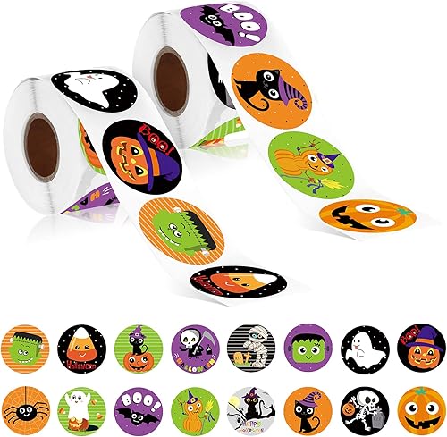 800 calcomanías de personajes de Halloween, calabaza, araña, murciélago, fantasma, bruja, Halloween, rollo, 16 diseños alternativos, etiquetas de