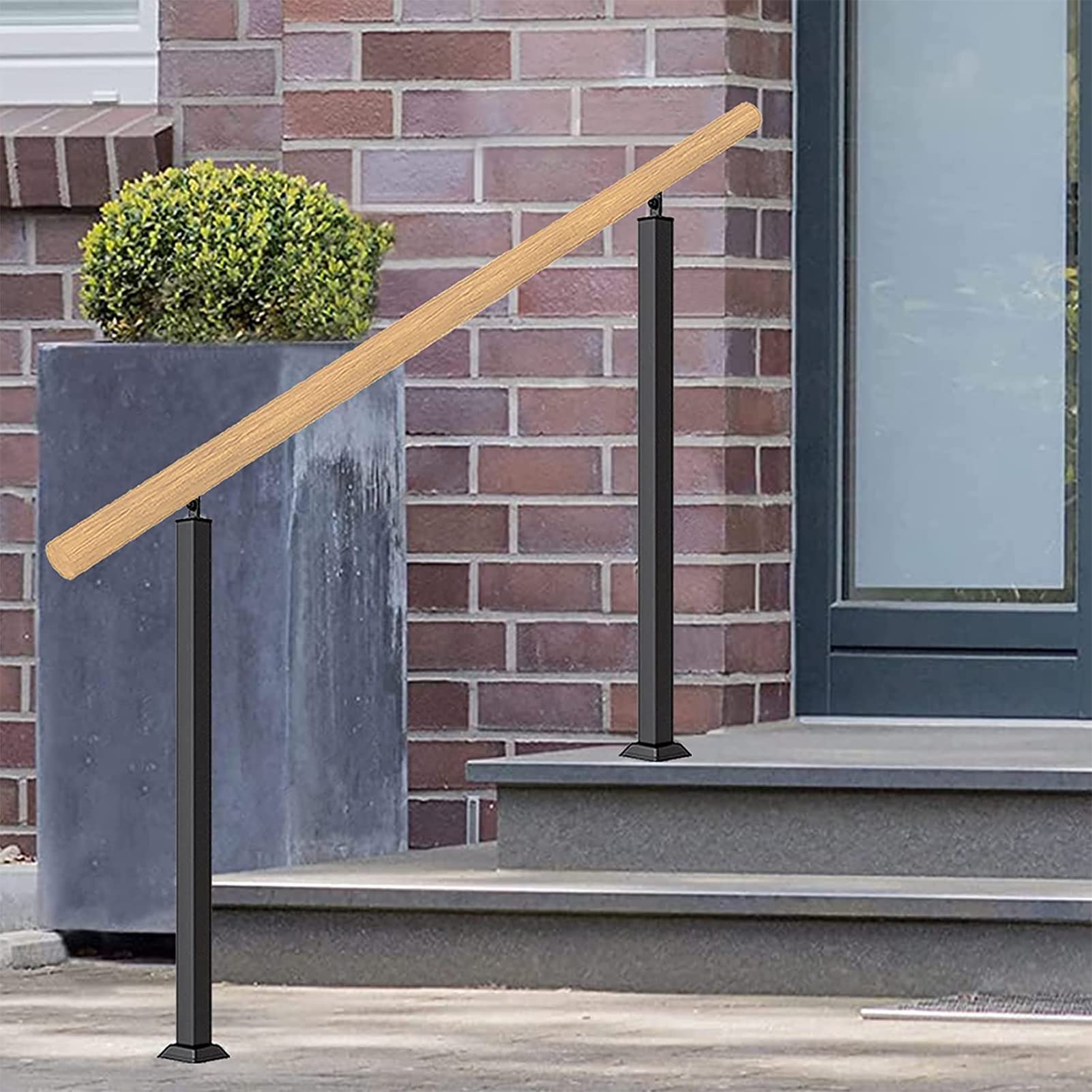Regulowane lite drewno z czarnymi słupkami z kutego żelaza 95 cm wysokość 140 cm długość idealne do schodów na zewnątrz ganku bezpieczne i stylowe wsparcie