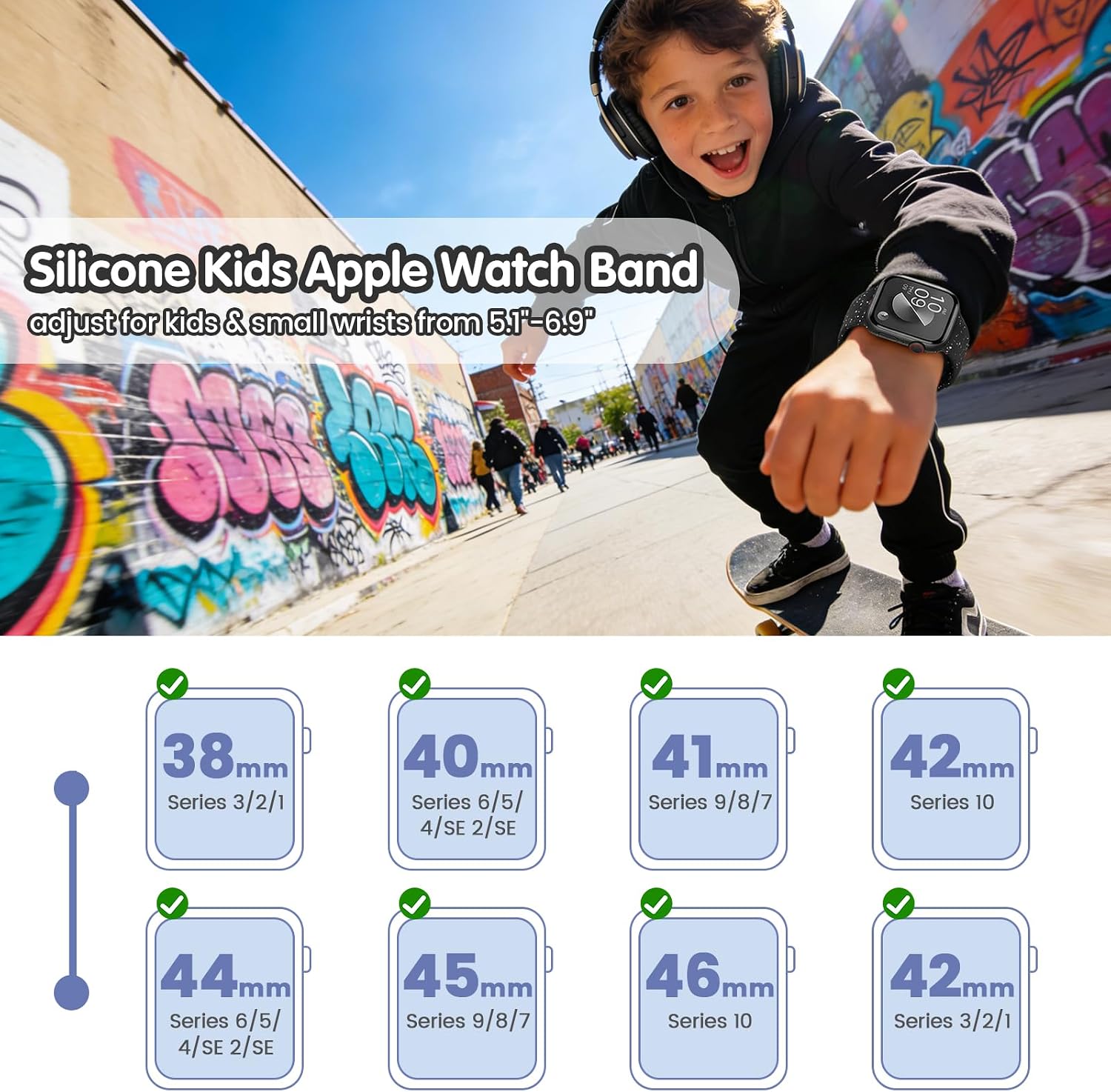 Sport Band Compatible with Kids Apple Watch Band 38mm 40mm 41mm 42mm 44mm 45mm 46mm, Soft Cute Recycled Plastic Silicone Strap for iWatch Series 10 9 8 7 6 5 4 3 SE SE2 SE3 for Boys Girls
