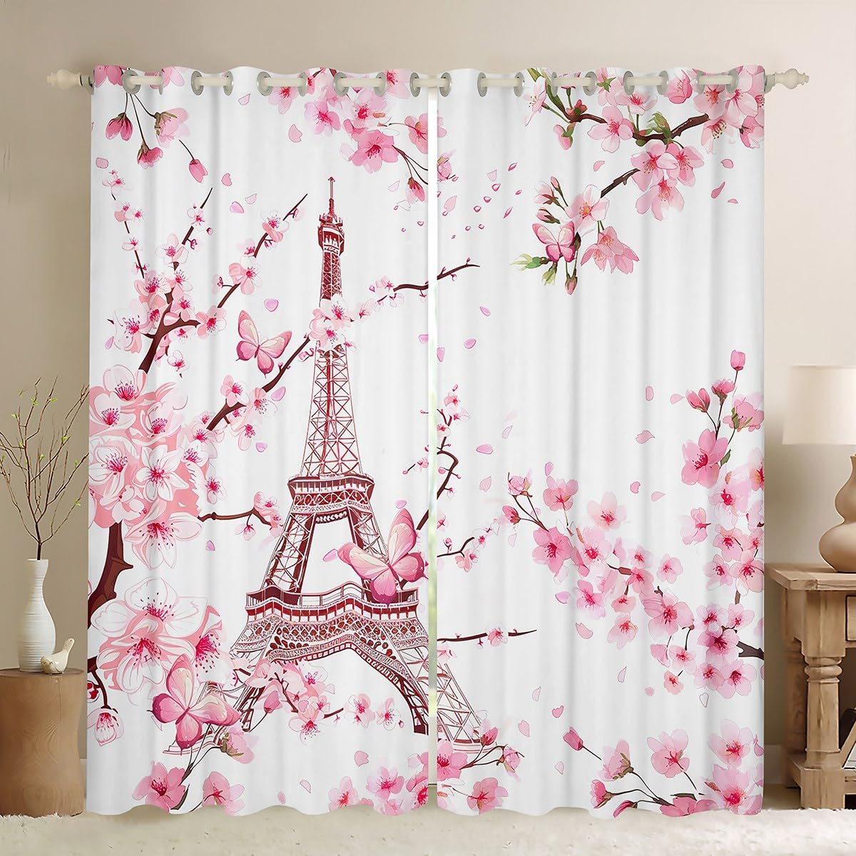 Eiffel Tower Window Curtains,Pink Cherry Blossoms Curtain,Peach Blossom Window Drapes for Kids Teens Boys Young Man,Modern Bedroom Decorative,Butterfly Curtain,38Wx54L