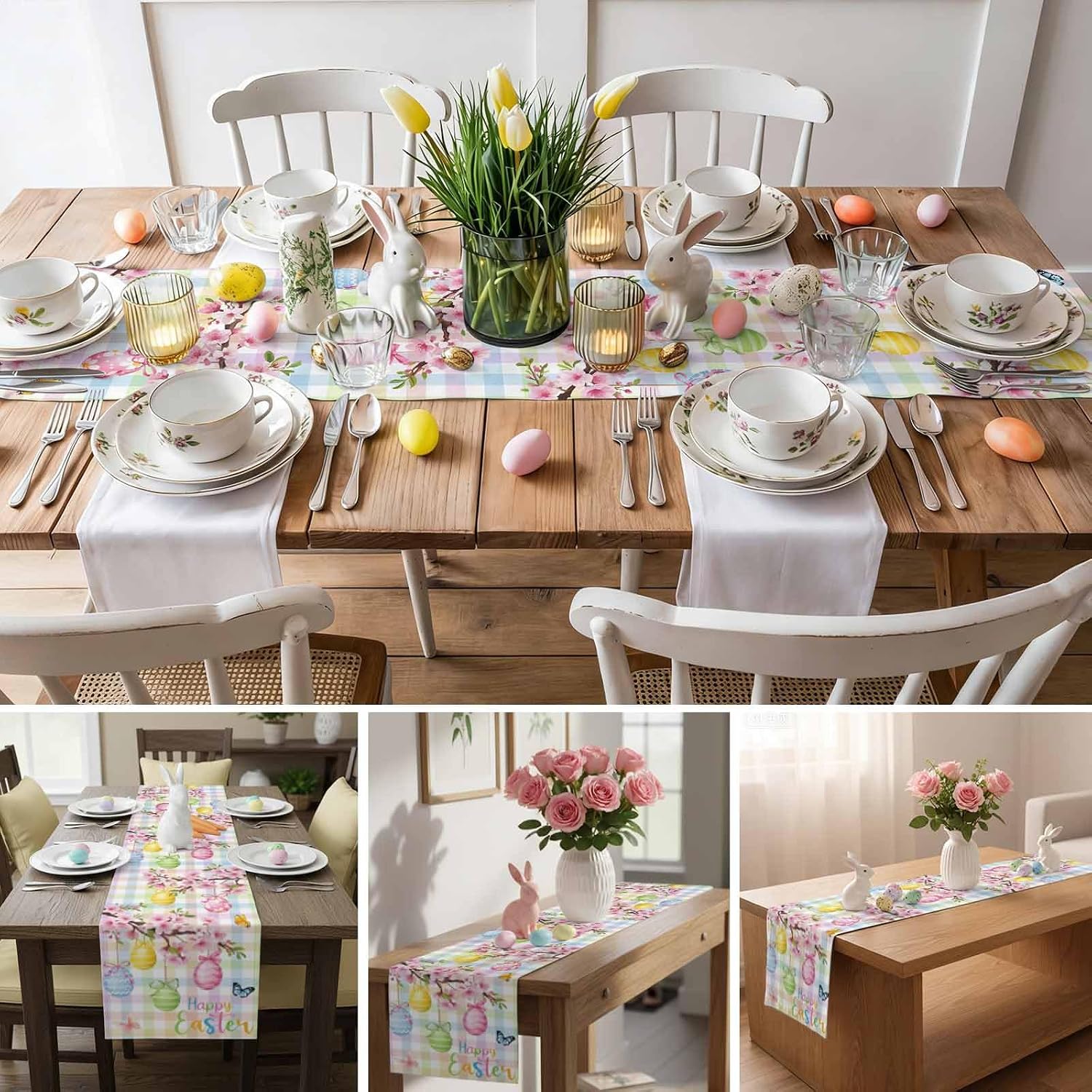 Happy Easter Eggs Table Runner Dresser Scarf 13 x 72 Inch Spring Pink Floral Colorful Buffalo Plaid Table Runners Non-Slip Heat Kitchen Dining Table Decor for Indoor Outdoor Home Party Decoration