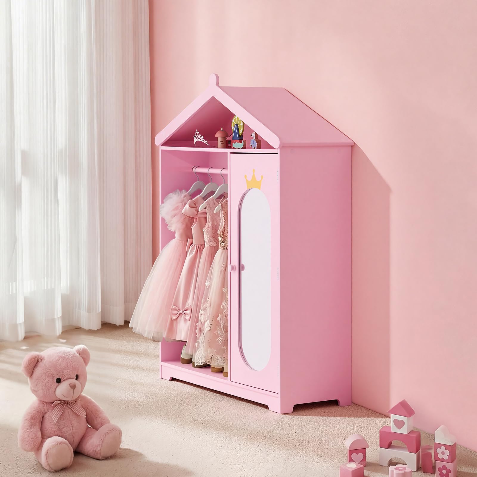 VEVOR Armario de Disfraces para Niños con Espejo, Perchero Infantil con Estantes, Mueble de Madera Estilo Cuento de Hadas para Dormitorio, Juegos, Organizador de Ropa con Barra y Compartimentos, Rosa