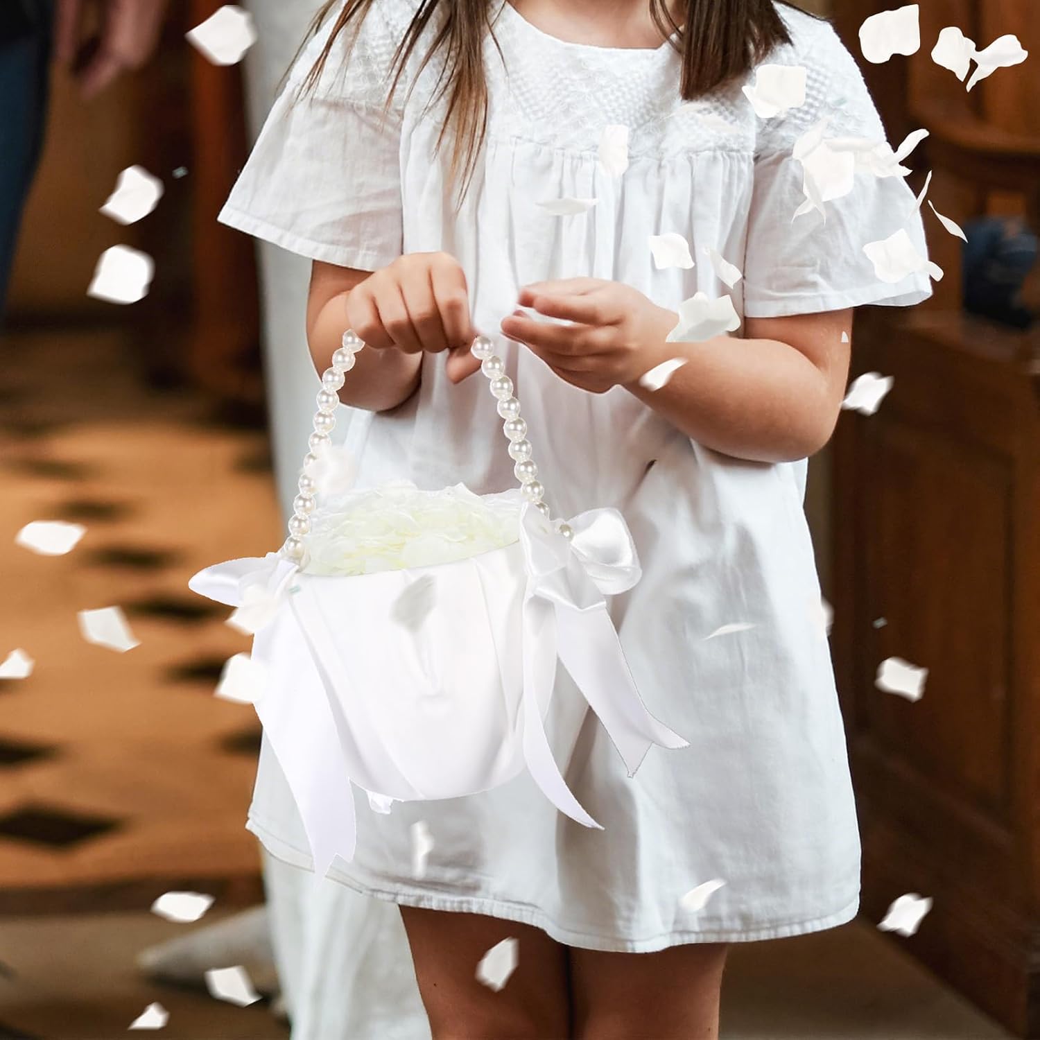 Bucherry 10 Pcs Flower Girl Basket Wedding Set White Wedding Decoration Accessories with 2 Sparkling Headband 2 Bracelet 2 Pairs Gloves 2 Pearl Bow Flower Basket & 1000ct Ivory Petals