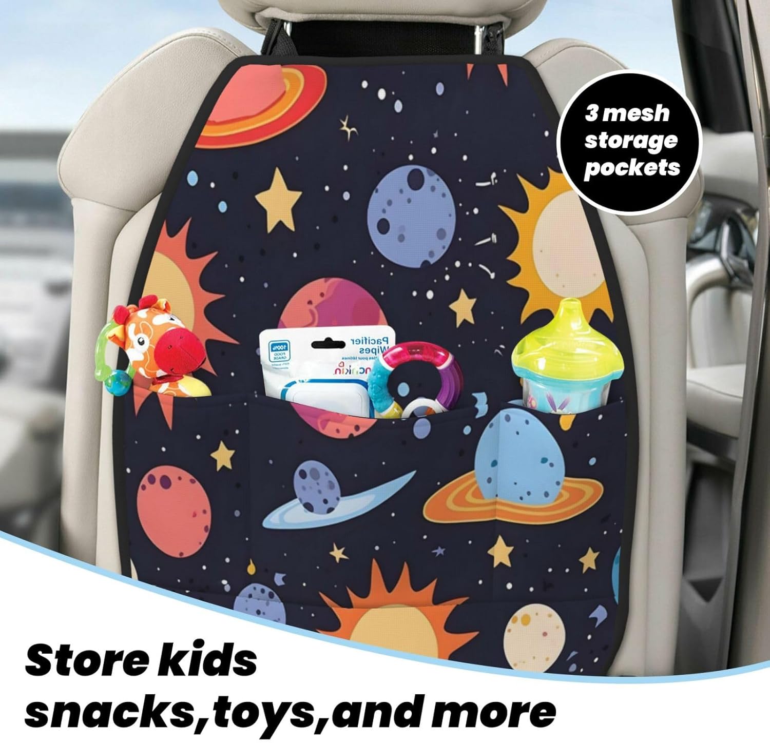 Cute Universe Planets Back Seat Car Organizer for Kids 2 Pack Kick Mats Back Seat Protector with 3 Storage Pockets Universal Fits Most Cars Trucks