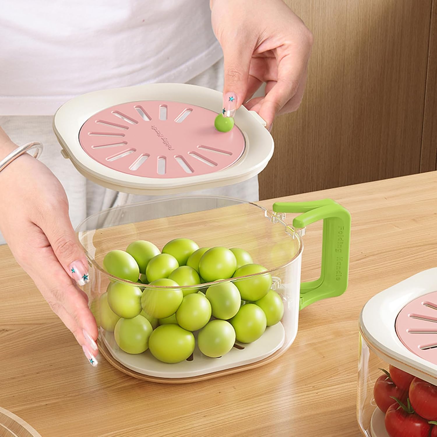 Fruit Vegetable Washing Bowl with Strainer - Multifunctional Berry Container, Produce Washer & Draining Colander Basket with Lid for Fridge Storage (Pink)