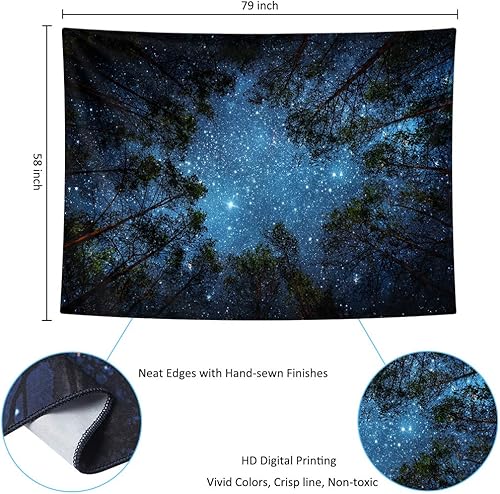 Miniatura 7 de HOMKUMY Tapiz de pared estrellado, tapiz de noche estrellada de bosque con impresión 3D, tapiz de árbol de estrella, tapiz psicodélico indio para