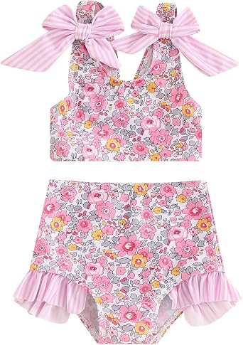 Yccutest Toddler Girl Bathing Suits Baby Bikini Swimsuit Girls Two Piece Bow Tank Top Shorts Swim Suit Baby Girls Swimwear