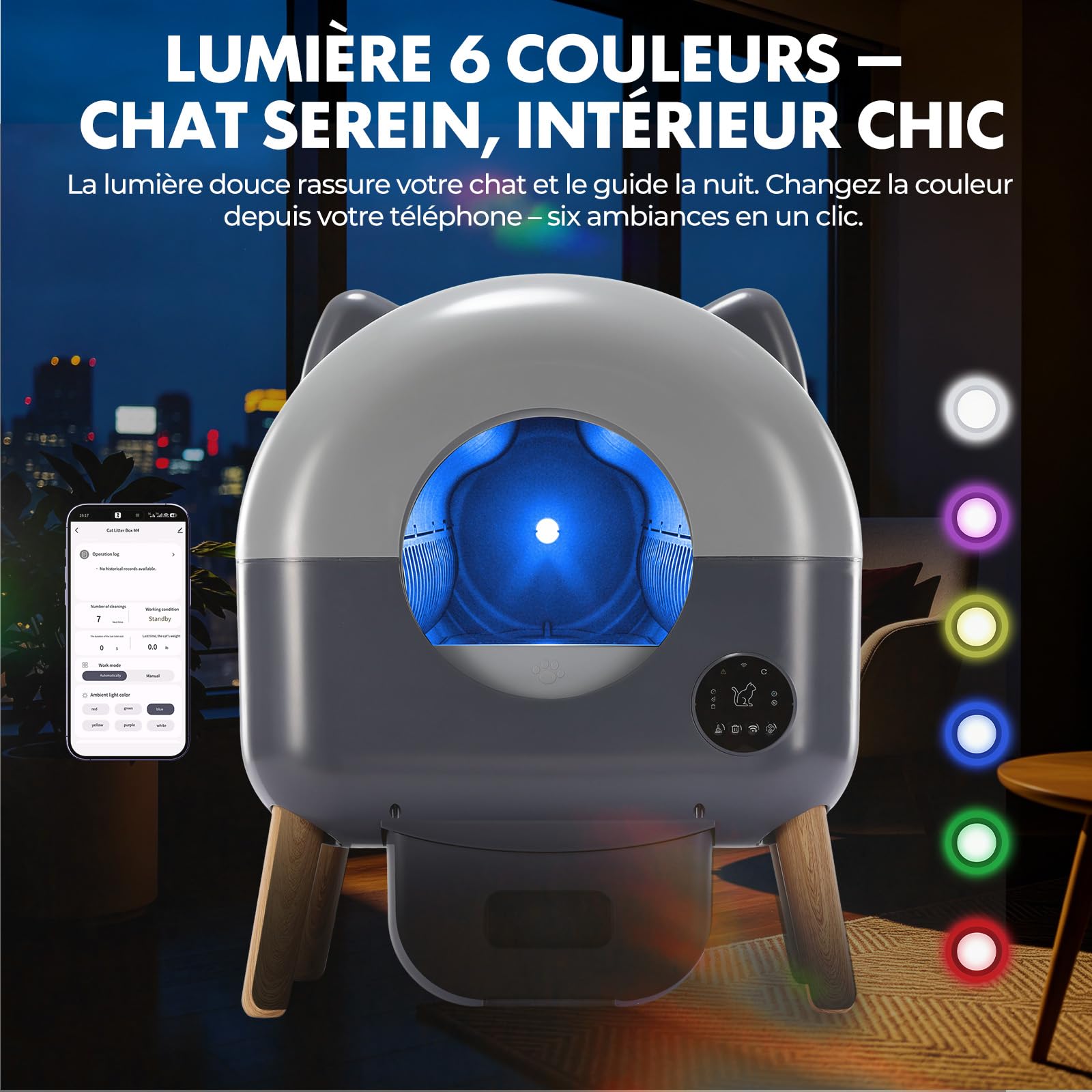 GTPLAYER Litiere Chat Autonettoyante 66L, Litière Automatique avec Contrôle APP, Anti‑Pincement, Éclairage LED 6 Couleurs, Bac Litiere pour Chat Inclus Tapis & Déodorant, pour Plusieurs Chats, Gris
