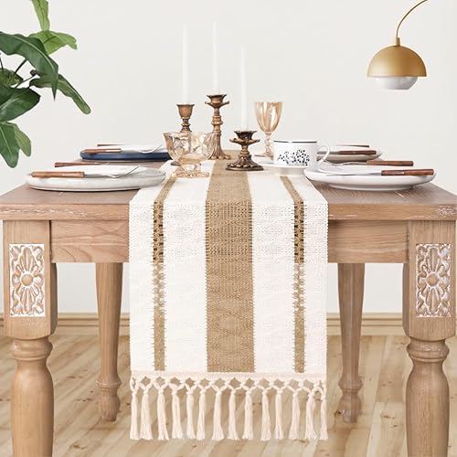 Miniatura 5 de Socomi Camino de mesa bohemio de macramé rústico de algodón tejido y arpillera con borlas hechas a mano para comedor, decoración del hogar, otoño,