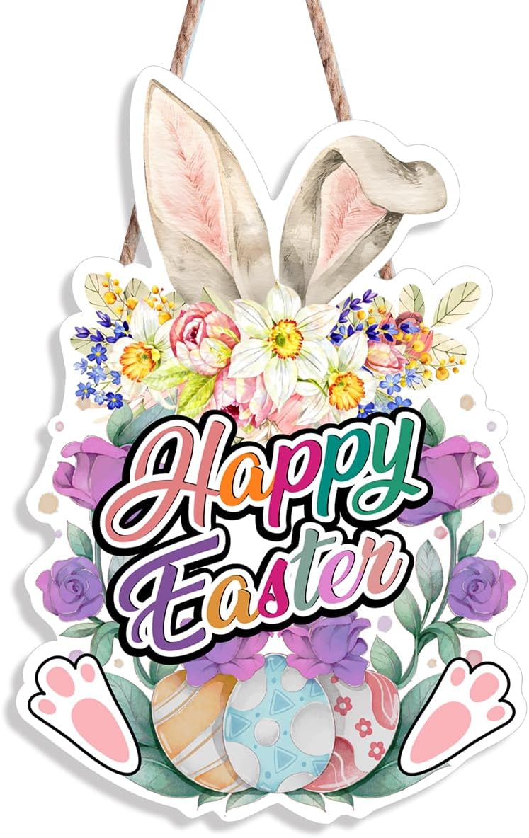Happy Easter Front Door Decoration,Bunny Rabbit Ears Wooden Hanging Sign for Spring Holiday Indoor Outdoor Home Porch Window Hanger Decor