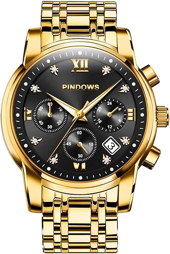 PINDOWS Mens Watches Retro Two Tone Stainless Steel Luxury Quartz Date