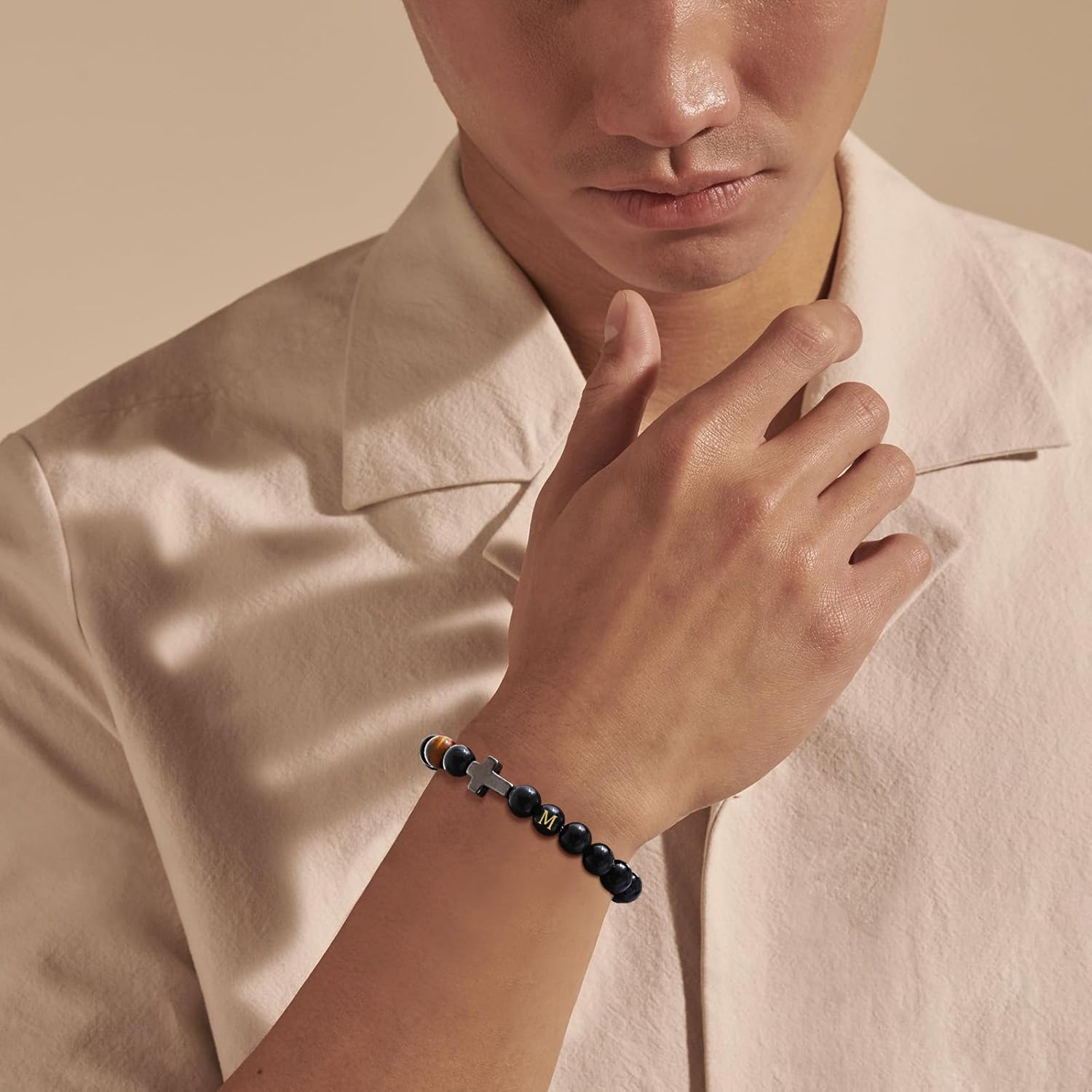 Mens Cross Bead Bracelet with Initials, Christian Rosary Obsidian A-Z Letter Black Onyx Tigers Eye Beaded Bracelet, Faith Religious Easter Catholic Communion Baptism Christmas Jewelry Gift for Men - Image 2