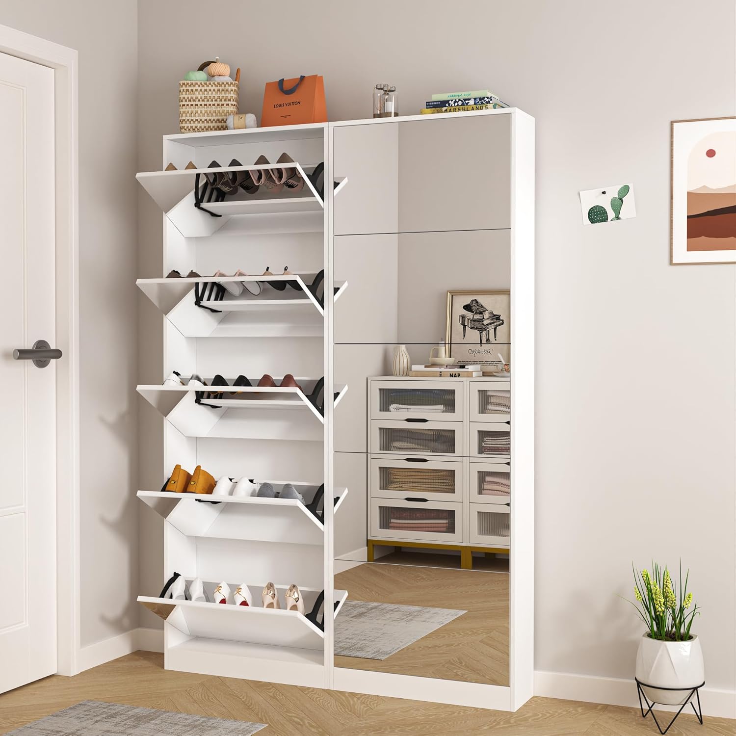 Tall Shoe Cabinet with Full Length Mirror, 5 Tiers Narrow Shoe Storage Cabinet with Flip Drawer, Hidden Shoe Rack Organizer for Entryway