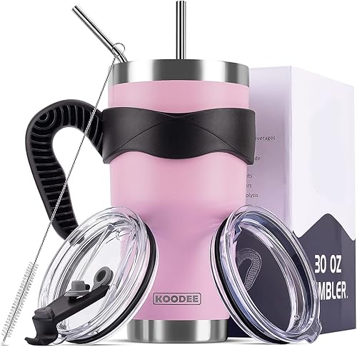 Miniatura 1 de koodee - Vaso de 30 onzas de acero inoxidable aislado al vacío. Taza de viaje para café con 2 tapas, 2 pajillas, cepillo y asa (30 onzas, púrpura