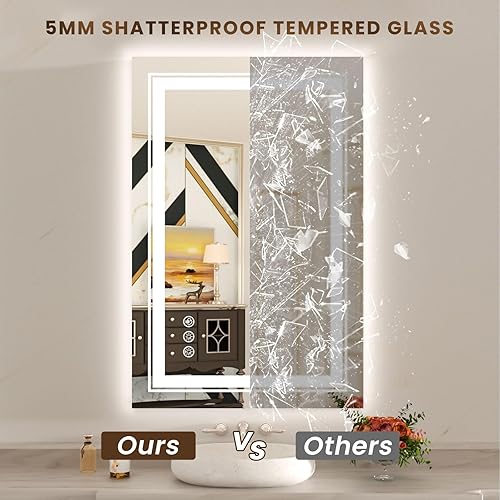 Miniatura 6 de WTTY Espejo de baño LED RGB de 28 x 36 pulgadas con retroiluminación y 3 luces delanteras, espejo LED regulable continuo para baño, espejo de