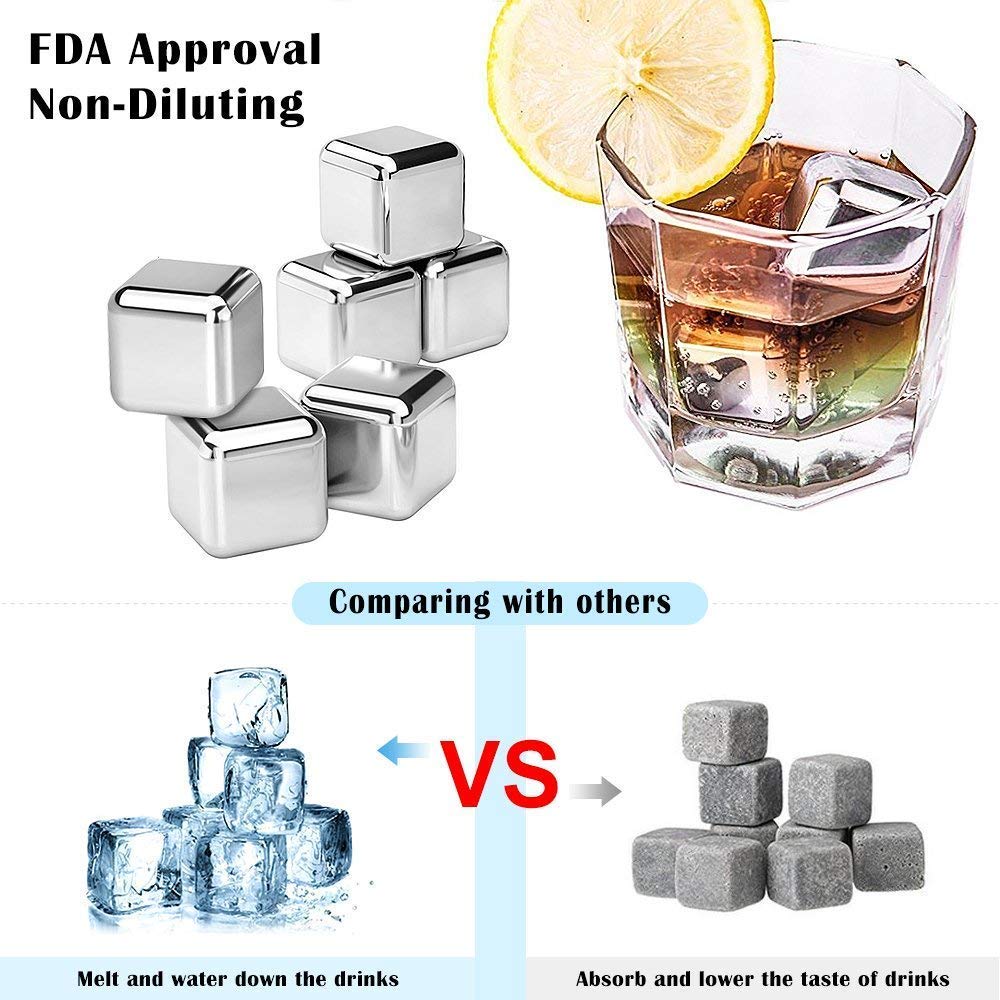 Vakania 8 Pcs Stainless Steel Reusable Ice Cubes, Metal Whiskey Stones, Whiskey Rocks Chilling Stones with Tongs for Wine Non-diluting Cooling Vodka, Whiskey, Beer, Wine, Beverage (8)