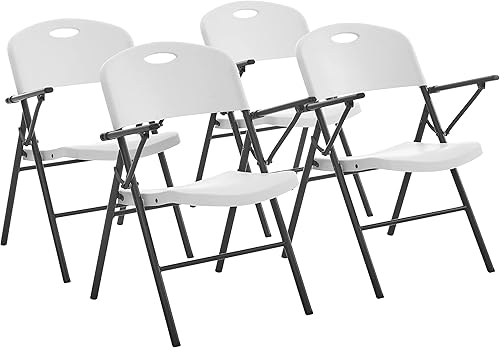 Living and More Silla plegable de plástico con reposabrazos, silla plegable ligera, capacidad de 350 libras, color blanco, paquete de 4 piezas