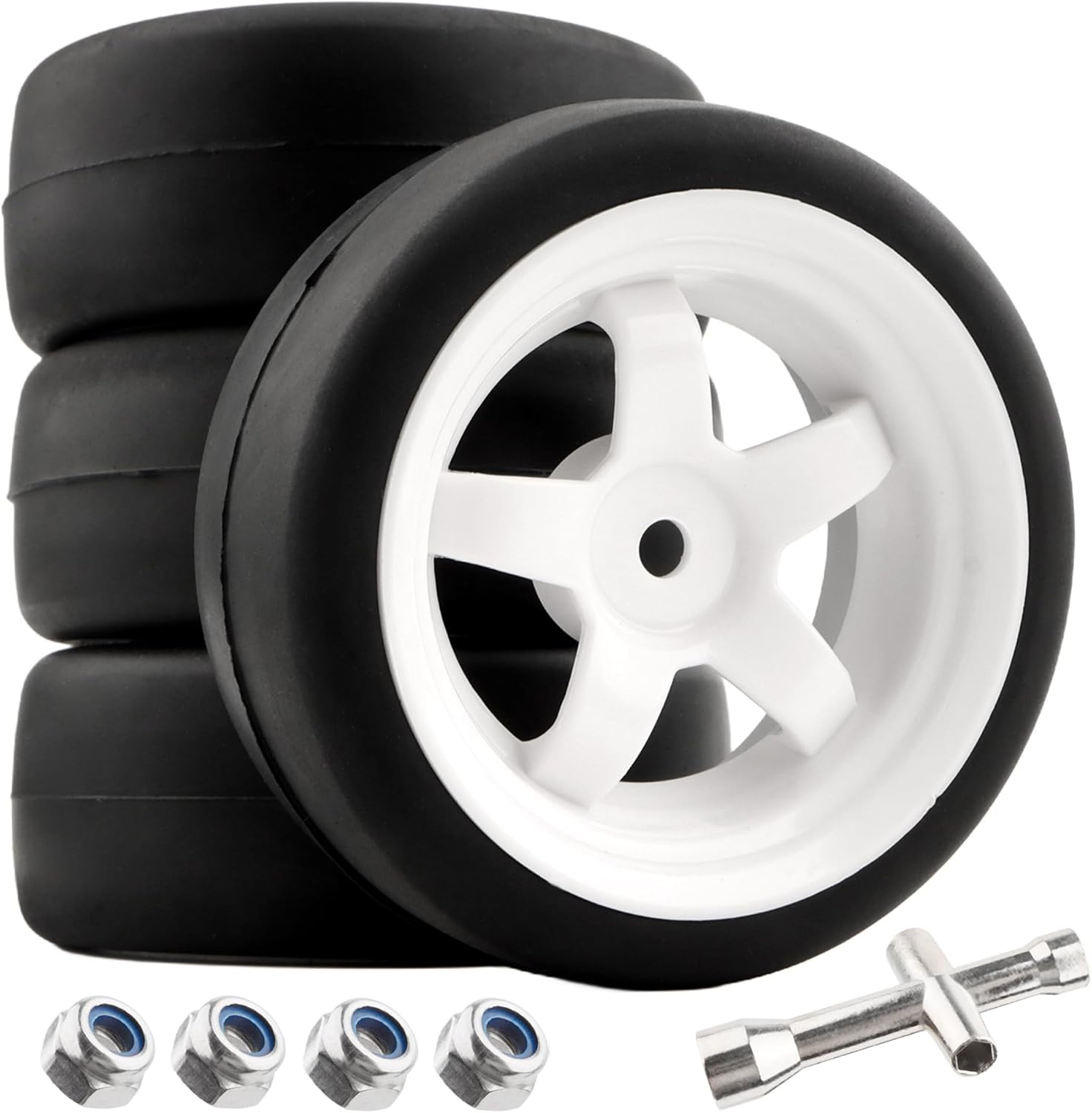 4-Pack RC 1/10 Scale On Road Slick Tires OD2.55 Rubber Wheel Rims 12mm Hex Compatible with Traxxas 4 Tec 2.0 Tamiya TT01 XV01 Kyosho WR8 Sakura WLtoys HPI Touring Racing Car