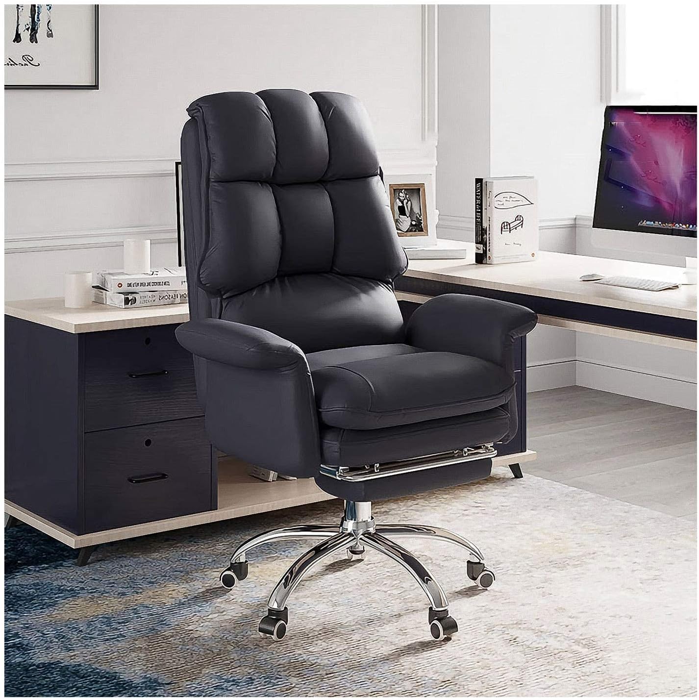 Fauteuil de bureau inclinable pivotant similicuir dossier haut noir avec repose-pieds