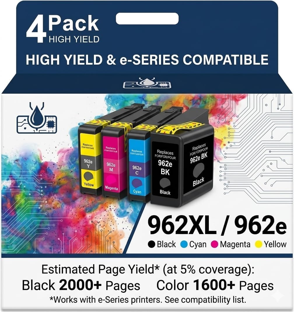 [New Upgraded 962XL Ink Cartridges Combo Pack -Replacement for HP 962 Ink Cartridges, Compatible with OfficeJet Pro 9015e, 9010, 9015, 9020, 9025 Series(Black, Cyan, Magenta, Yellow, 4-Pack)