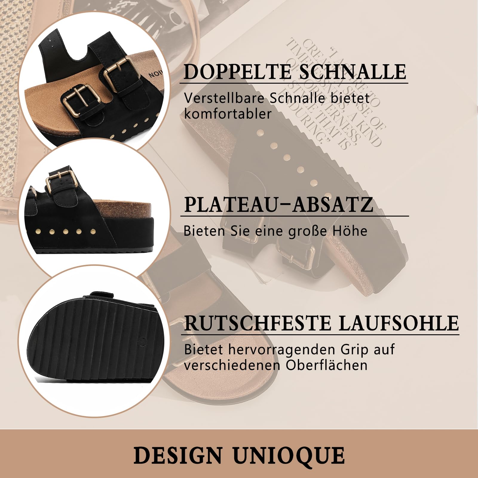 Foinledr Ciabatte Donna Estive Sandali Sughero Plantare Doppia Fibbia Moda Mules Clogs Sandali Antiscivolo Gomma Suole Pantofole Spiaggia Scarp Comfort da Casa