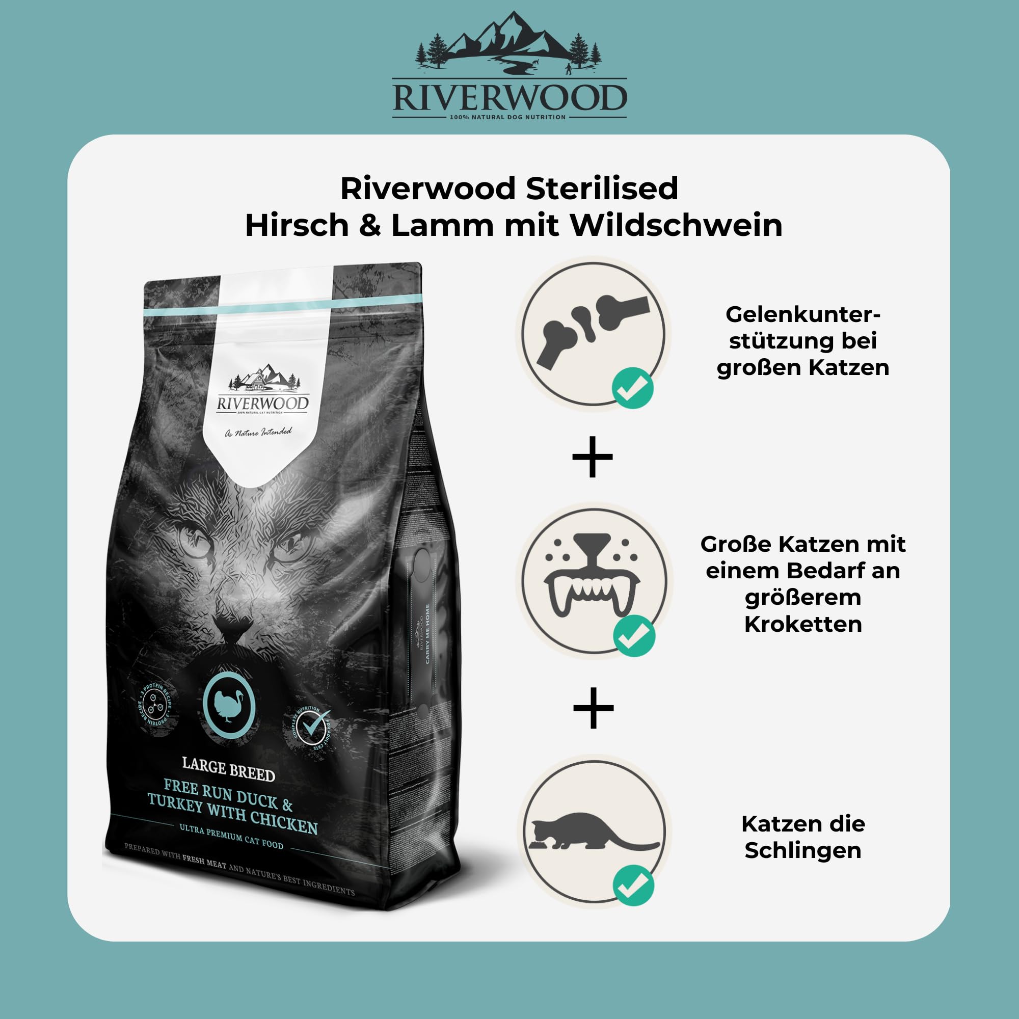 Riverwood Large Breed Katzenfutter | Ente & Truthahn mit Huhn | Ultra Premium Getreidefreies Trockenfutter | Hoher Fleischanteil | für Erwachsene Katzen großer Rassen