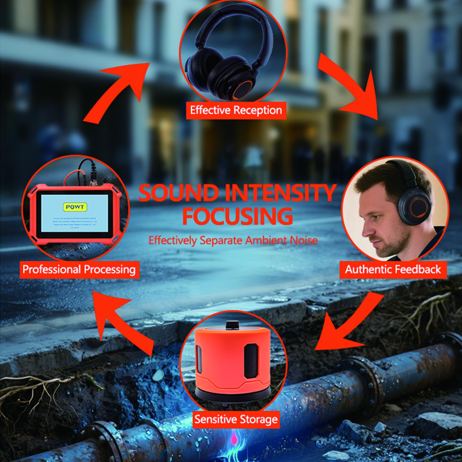 Detector de Fugas de Agua – Localizador Profesional de Tuberías Subterráneas, Profundidad 0,5–3 m, Pantalla Táctil HD 7", Reducción de Ruido para Tuberías Interiores y Exteriores 3M-Outdoor