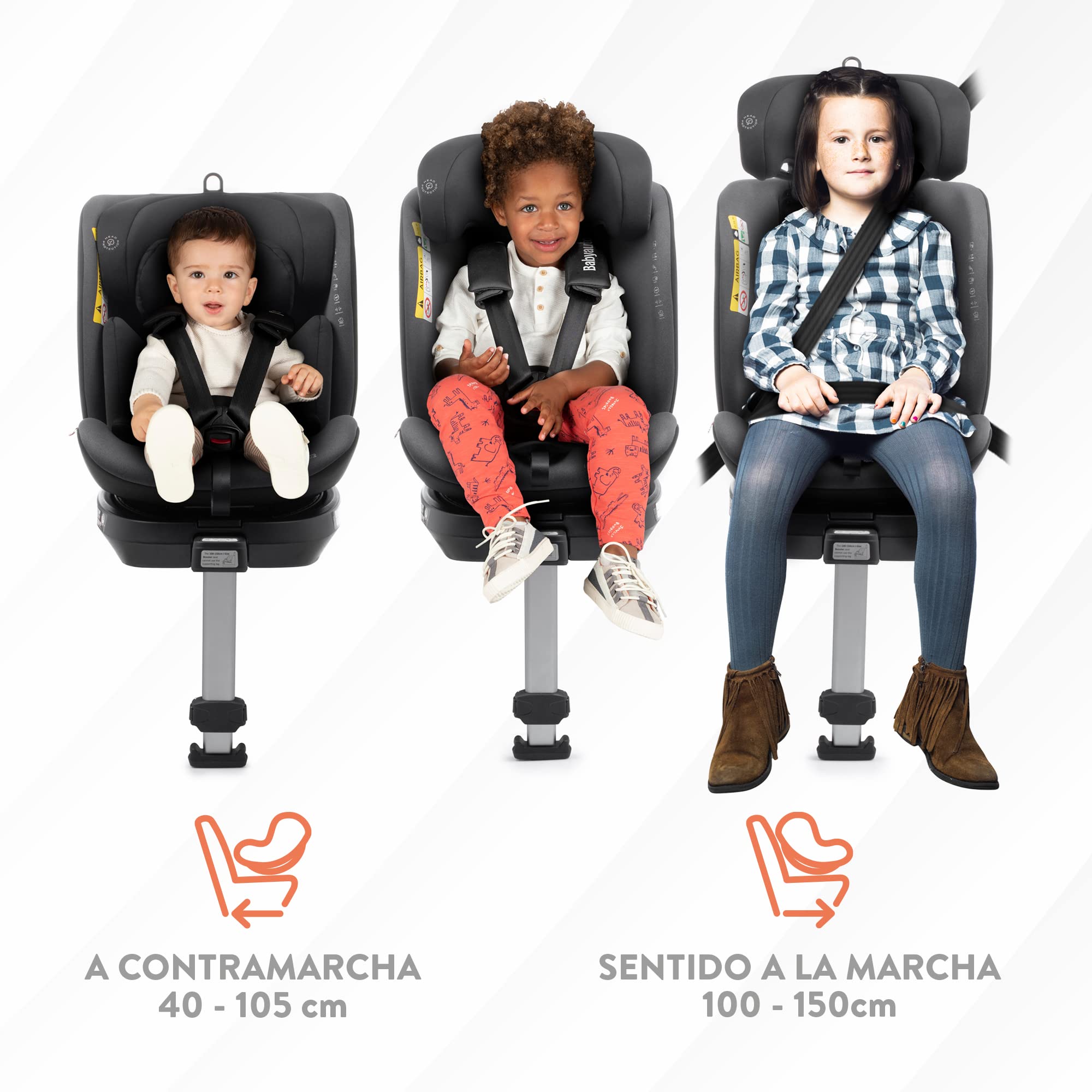 BABYAUTO - Silla de coche i-Size AITANA GR. 0+/1/2/3 hasta los 36Kg o 150 cm. Edad: 0 a 12 años – Giratoria y reclinable – Pata de apoyo, A contramarcha 18 Kg – ISOFIX (NEGRO ANTRACITA)