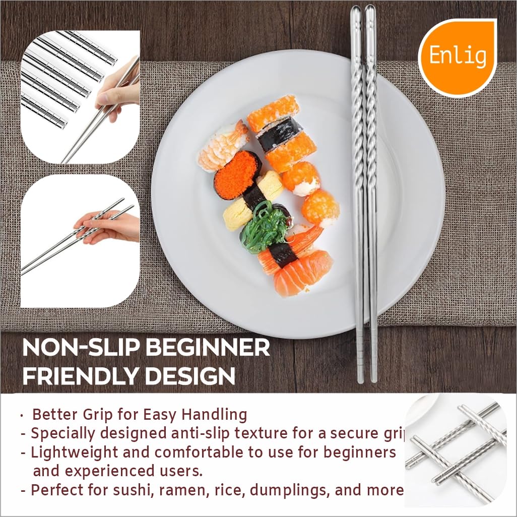 ENLIG 5 Pairs Reusable Stainless Steel Chopsticks | Lightweight, Non-Slip, Durable Korean Chopsticks | Dishwasher Safe 1
