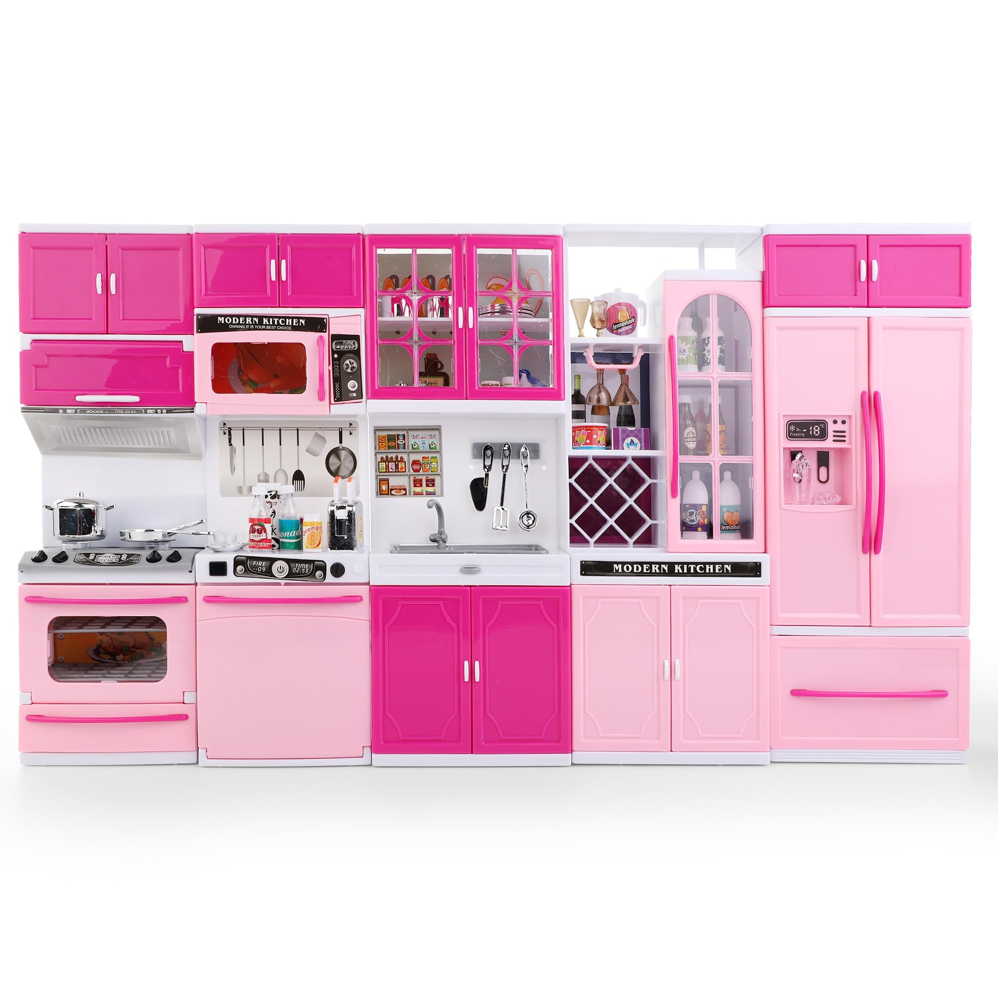 Doll Kitchen Playset for Kids, My Modern Mini Kitchen House Furniture Pretend Play Toy Accessories Set with Realistic Lights & Sounds for Toddlers, Girls (5-in-1 Kitchen Set)