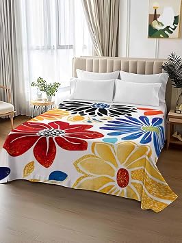 Red Blue Floral Flat Bed Sheet Queen Size for Queen Mattress, Microfiber Bedding Top Sheets Deep Pocket for All Seasons, Yellow Orange Black Bohemian Flower Soft & Breathable Hotel Quality