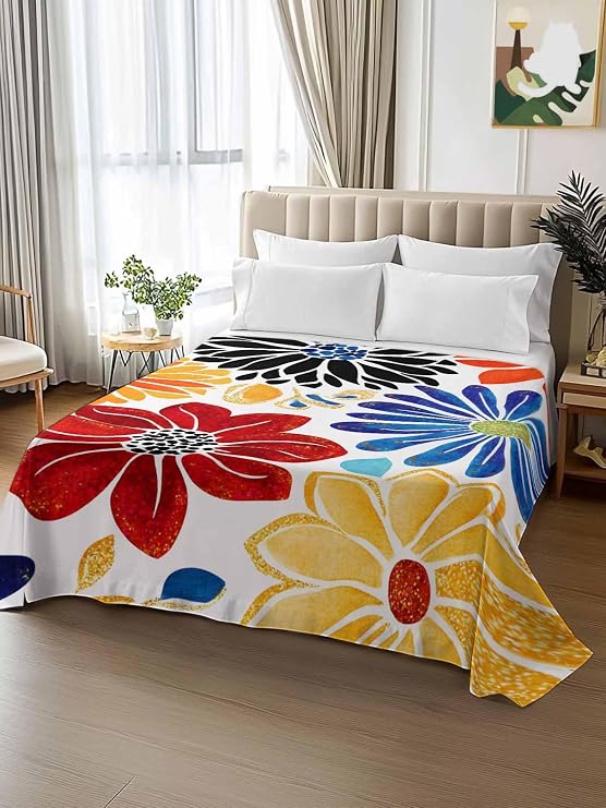 Red Blue Floral Flat Bed Sheet Queen Size for Queen Mattress, Microfiber Bedding Top Sheets Deep Pocket for All Seasons, Yellow Orange Black Bohemian Flower Soft & Breathable Hotel Quality