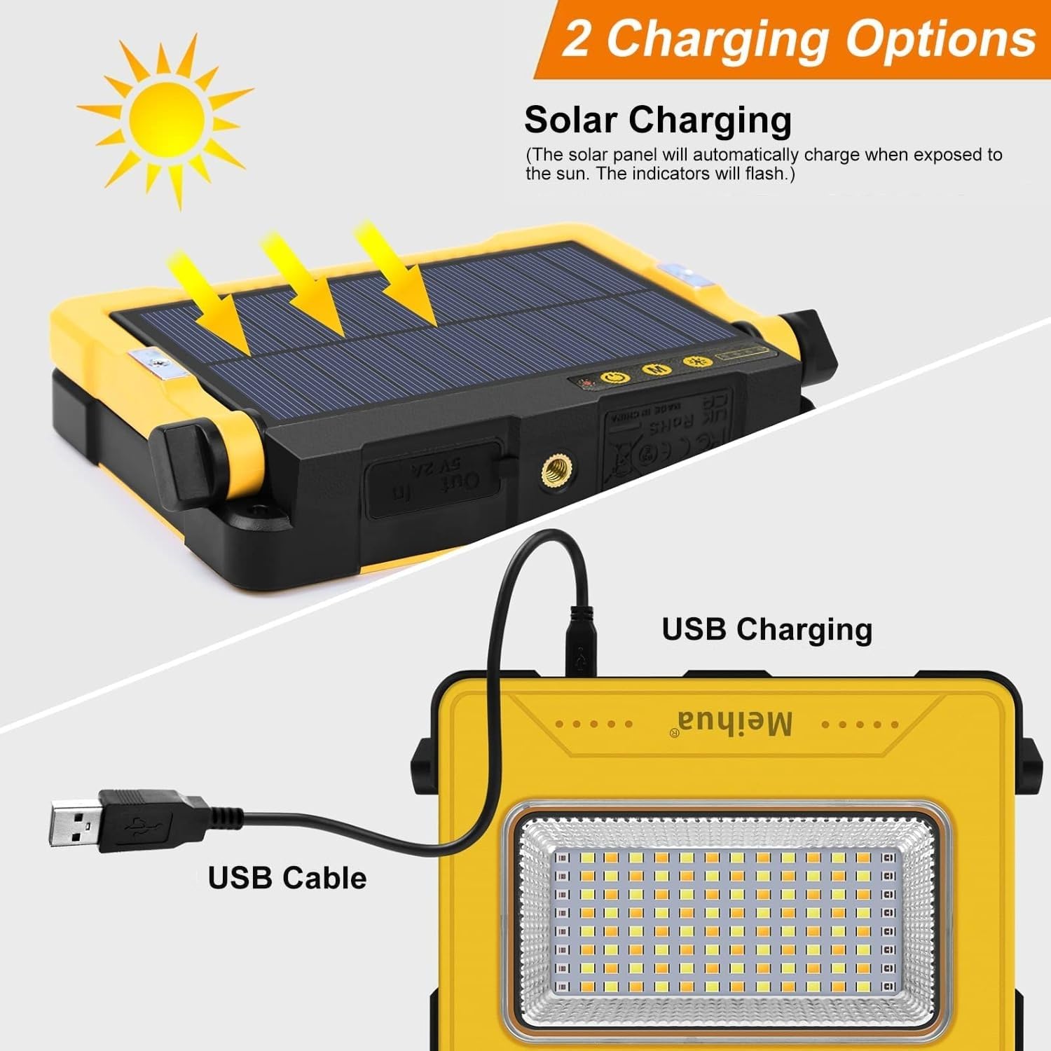 MEIHUA Faro LED Ricaricabile 60W 12000 mAh, Faretto LED Portatile, 4 Modalità, 5 Luminosità, Power Bank, Ricarica USB o Solare, Luce da Lavoro per Cantieri, Campeggio, Emergenza, Pesca