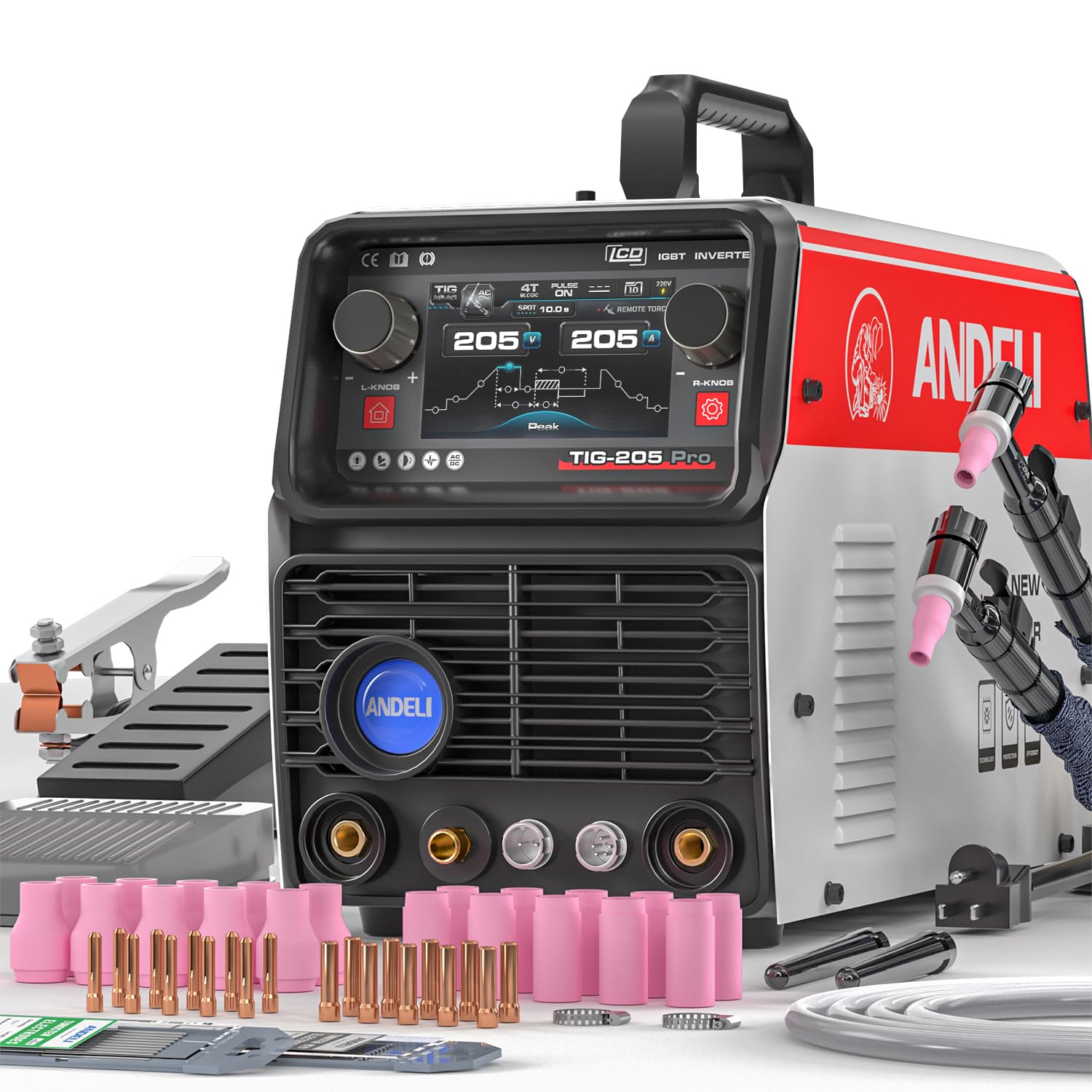 ANDELIAC/DC Aluminum TIG WELDER with Pulse 110V/220V Dual Voltage TIG Welding Machine with Foot Pedal, 205Amp Cold Welding Machine Large LCD Digital Display TIG-205 PRO