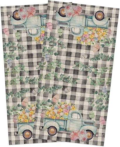 2 Pack Cotton Kitchen Dish Cloths Towels, Easter Egg Check Buffalo Truck Floral 18 x28 Inch Soft Absorbent Kitchen Decoration Hand Towels for Living