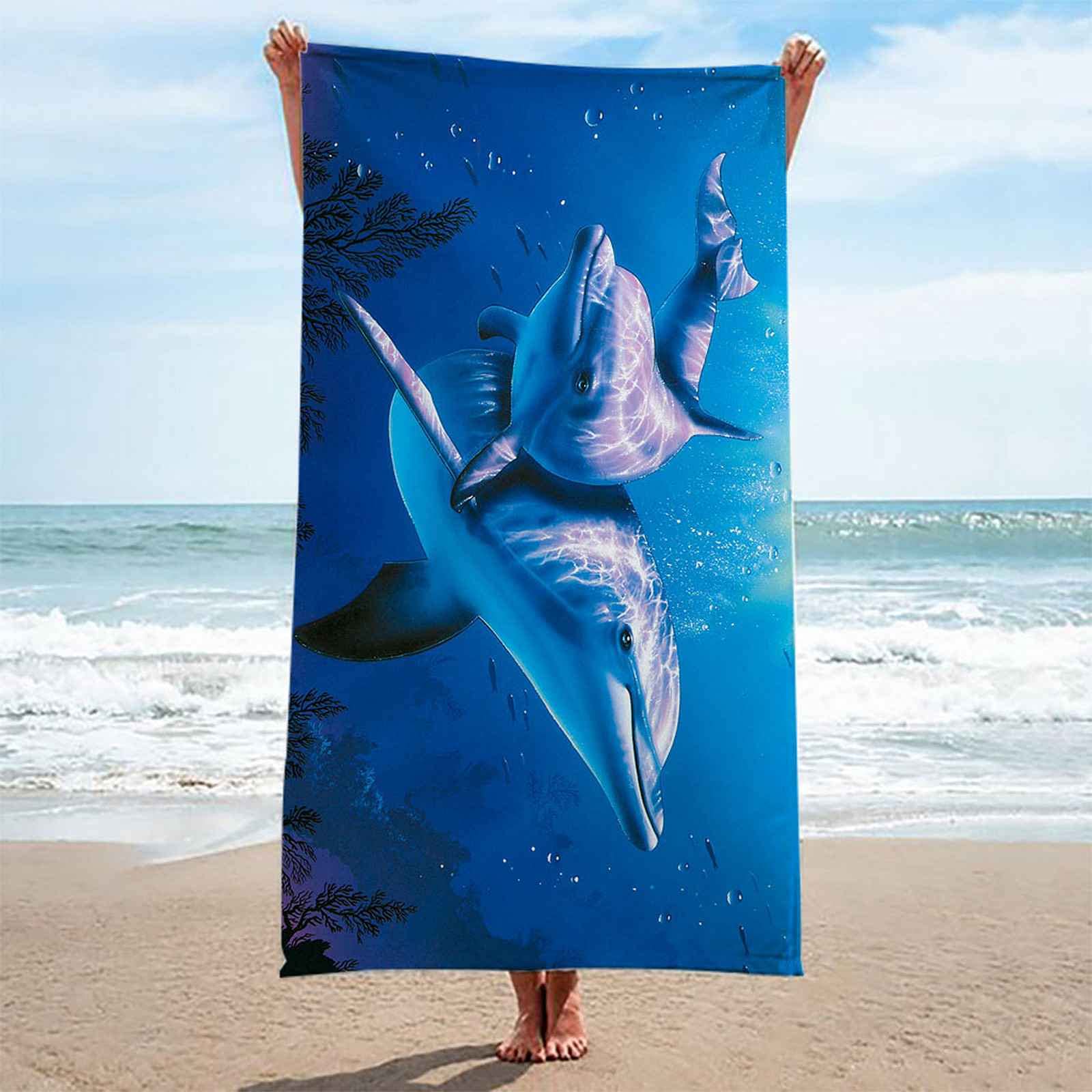 Serviette De Plage XXL Femme Microfibre Grande Draps De Bain 100x180cm Pour Voyage Plage, Yoga,Piscine, Gym, Camping, Salle De Fitness, Sports - Séchage Rapide, Léger, Absorbent-Dauphins
