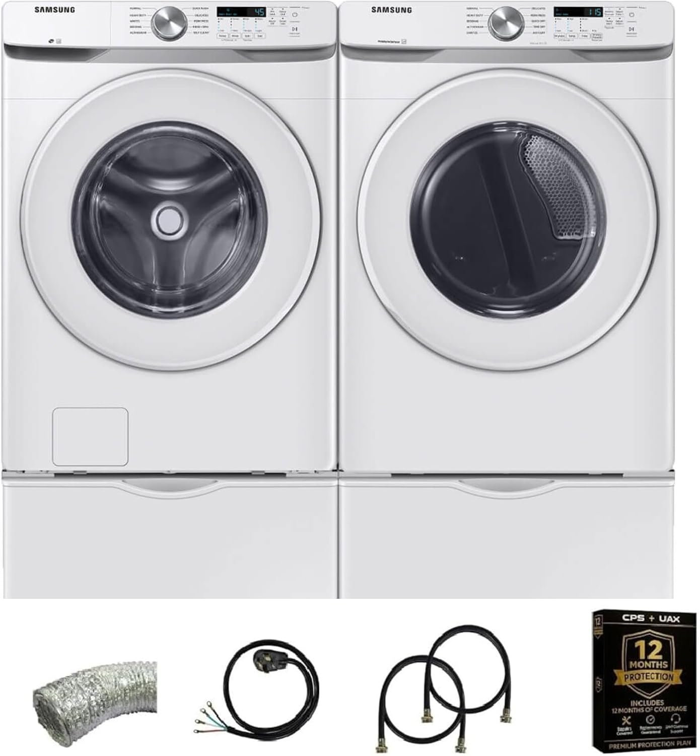 White Front Load Laundry Pair 4.5 Cu Ft Washer 7.4 Cu Ft Electric Dryer with Pedestals Dryer Vent Power Cord Water Hoses and 1 Year CPS Warranty Large Capacity Home Set