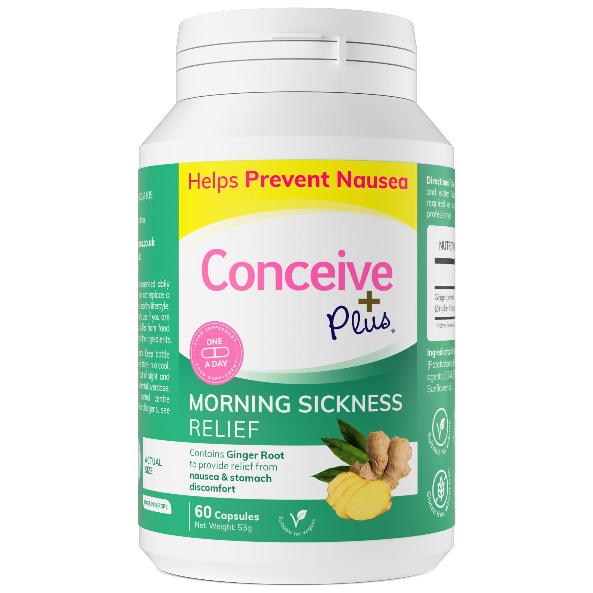 Conceive Plus Morning Sickness Relief - Pure Dried Ginger Powder - Nausea, Motion, and Stomach Discomfort Relief for Pregnancy - Essential for Expecting Moms - Non-GMO - 60 Vegan Capsules