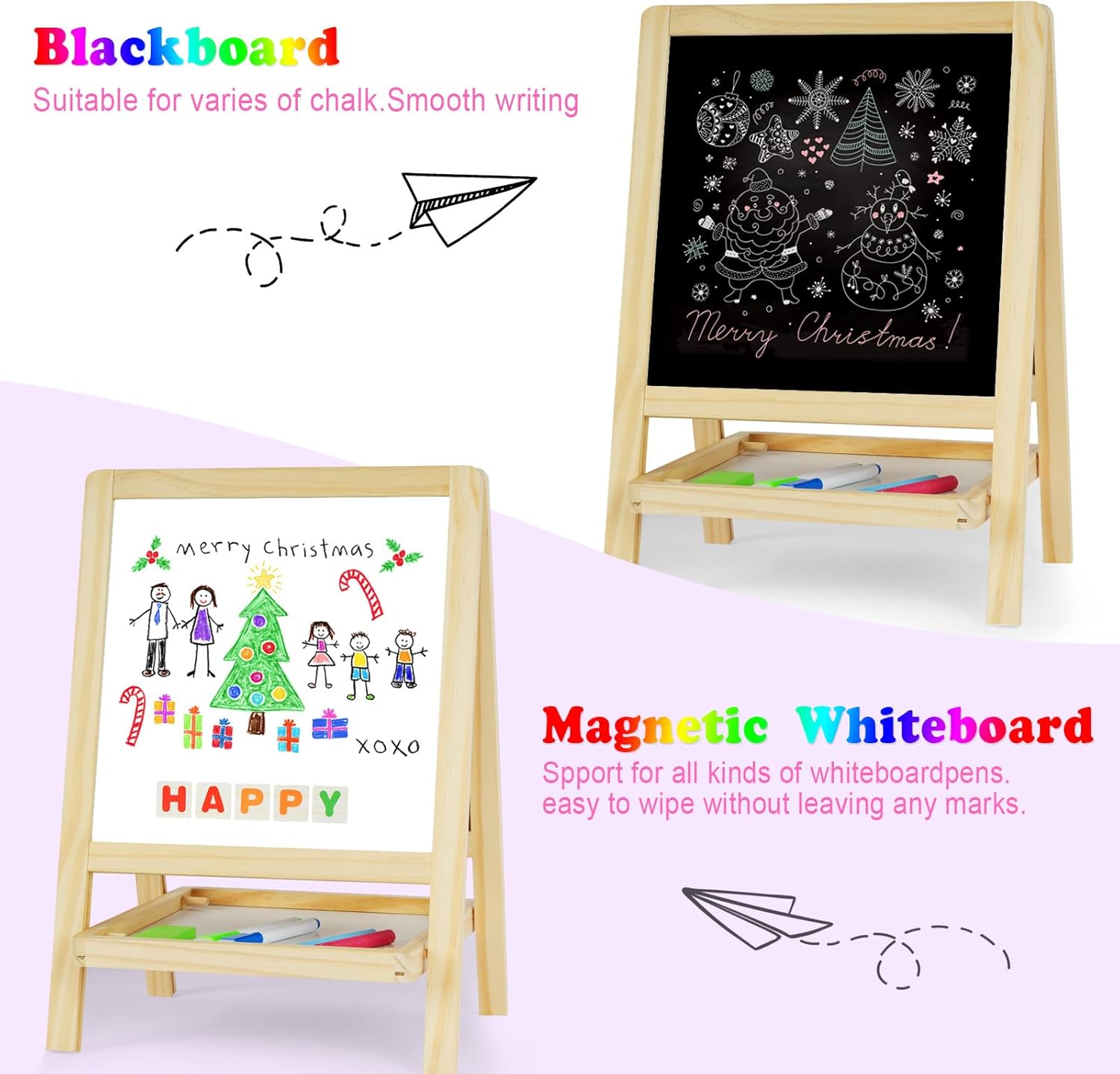 Kids Tabletop Double-Sided Wooden Art Easel - Chalkboard & Whiteboard Painting Board for Toddlers, Dry-Erase Classroom Desk Easel with Chalk, Markers, Eraser, Magnetic Letters/Numbers & Flashcards